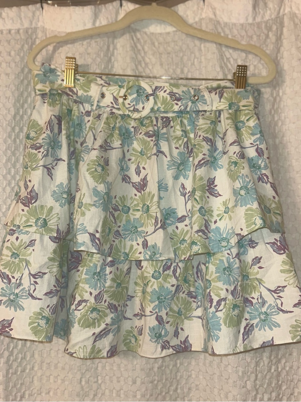 SABO Floral Belted Mini Skirt in Light Blue and Green - US 8